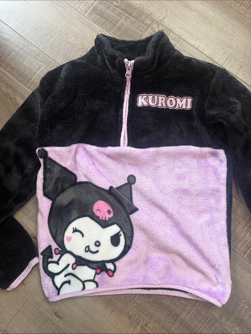 Kuromi Plush Half-Zip Pullover Hoodie in Black and Lilac